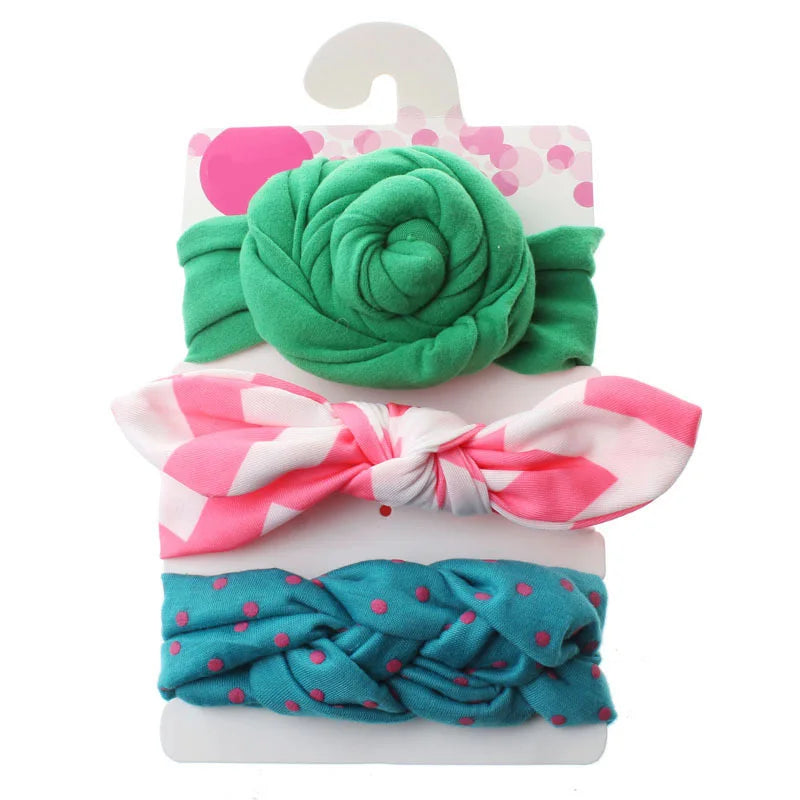 3 Pcs/Set Floral & Dot Bow Baby Headbands – Cotton Hair Accessories for Newborns