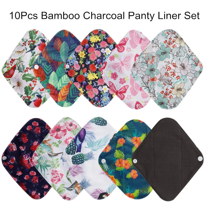 10PCS Reusable Bamboo Charcoal Sanitary Pads - Washable Cotton Menstrual Pads