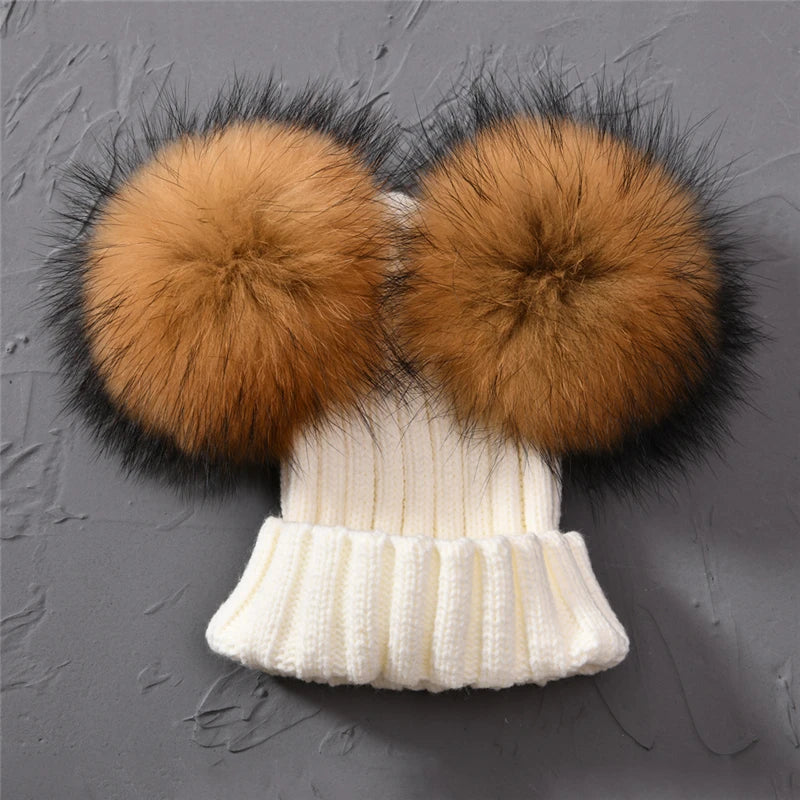 Winter Baby Knit Hat – Double Fur Pom Pom Beanie for Boys & Girls.