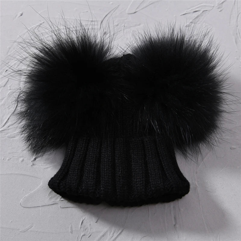 Winter Baby Knit Hat – Double Fur Pom Pom Beanie for Boys & Girls.