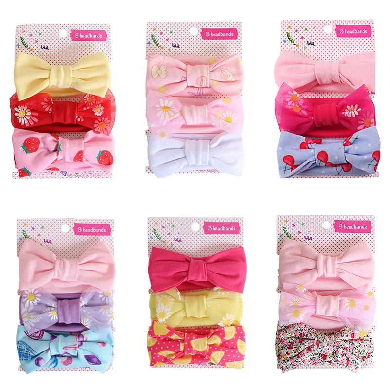 3 Pcs/Set Floral & Dot Bow Baby Headbands – Cotton Hair Accessories for Newborns