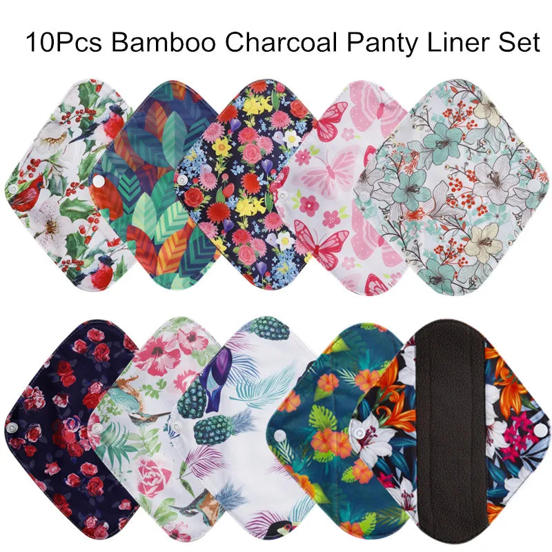 10PCS Reusable Bamboo Charcoal Sanitary Pads - Washable Cotton Menstrual Pads