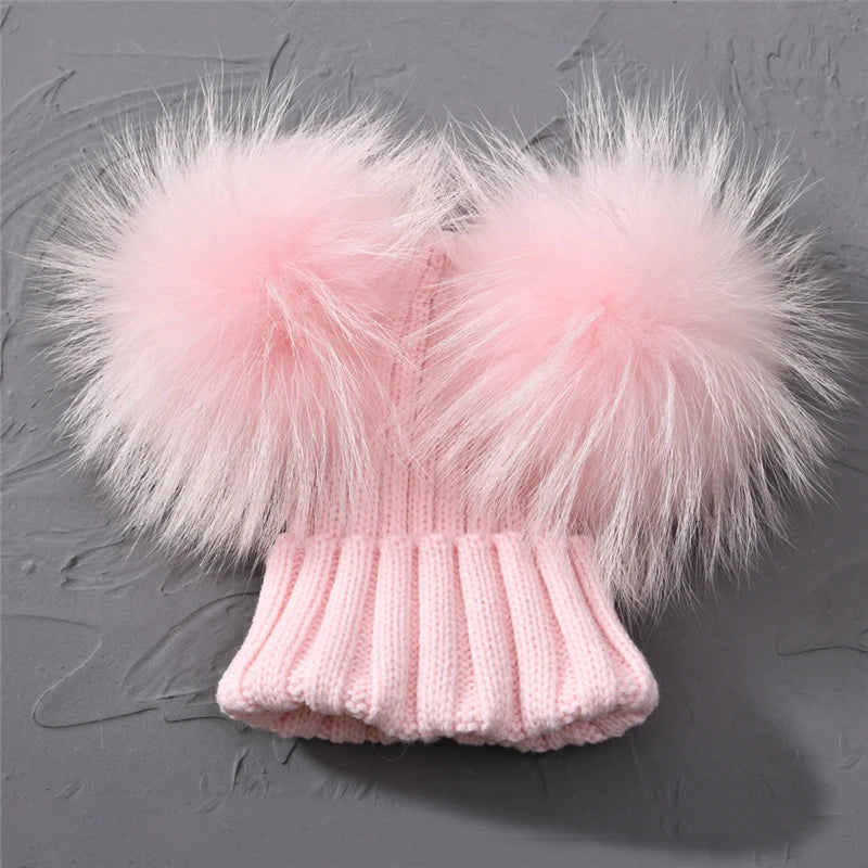 Winter Baby Knit Hat – Double Fur Pom Pom Beanie for Boys & Girls.