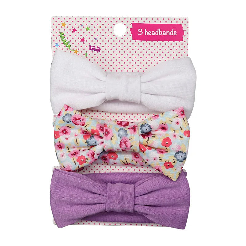 3 Pcs/Set Floral & Dot Bow Baby Headbands – Cotton Hair Accessories for Newborns