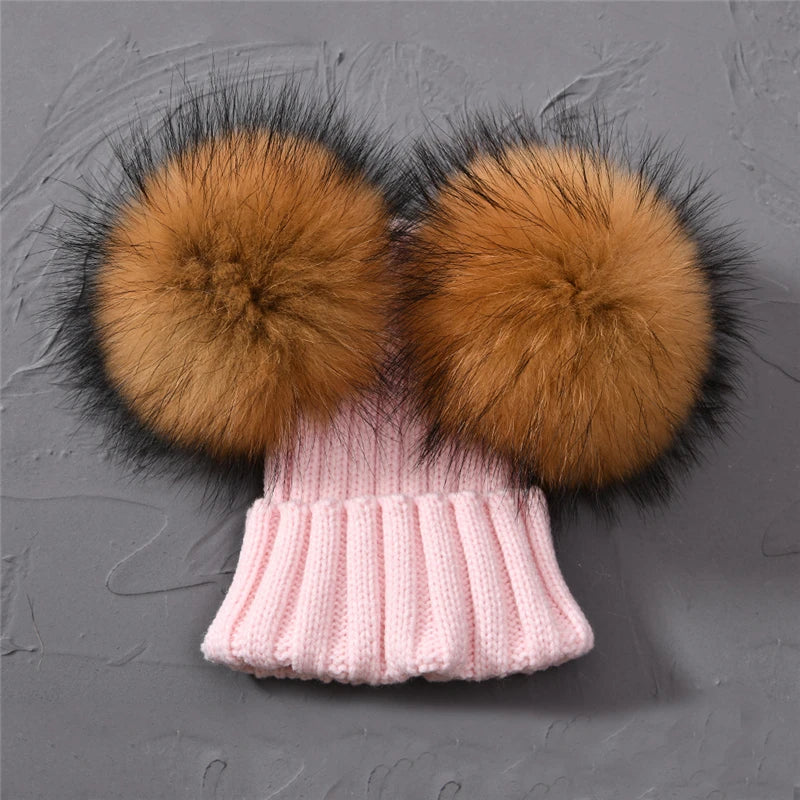 Winter Baby Knit Hat – Double Fur Pom Pom Beanie for Boys & Girls.