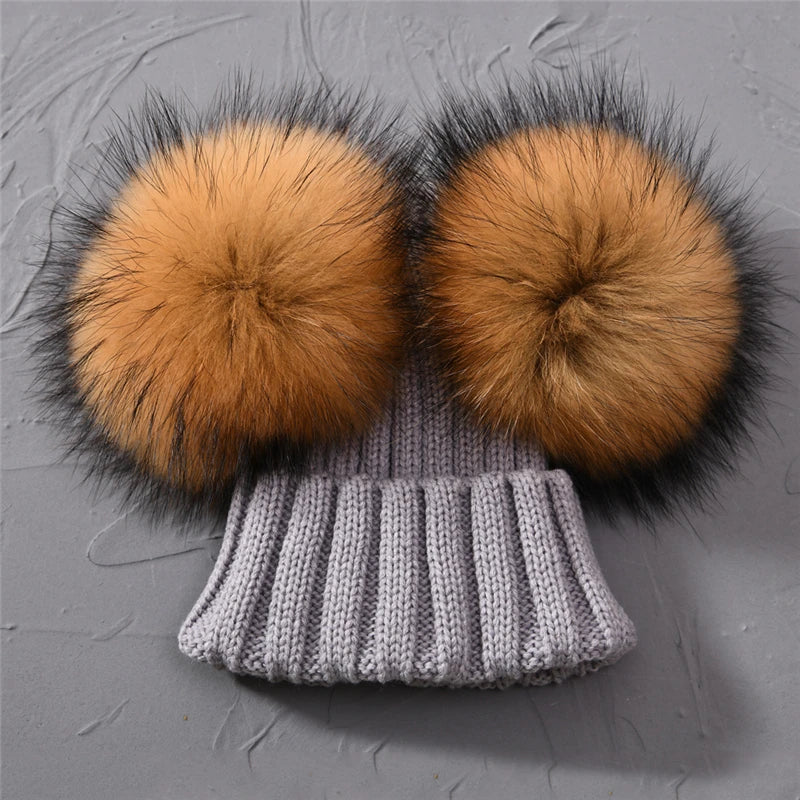 Winter Baby Knit Hat – Double Fur Pom Pom Beanie for Boys & Girls.