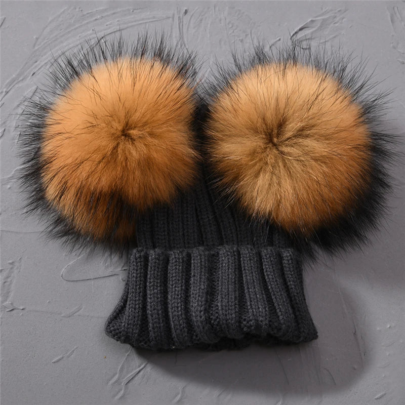 Winter Baby Knit Hat – Double Fur Pom Pom Beanie for Boys & Girls.