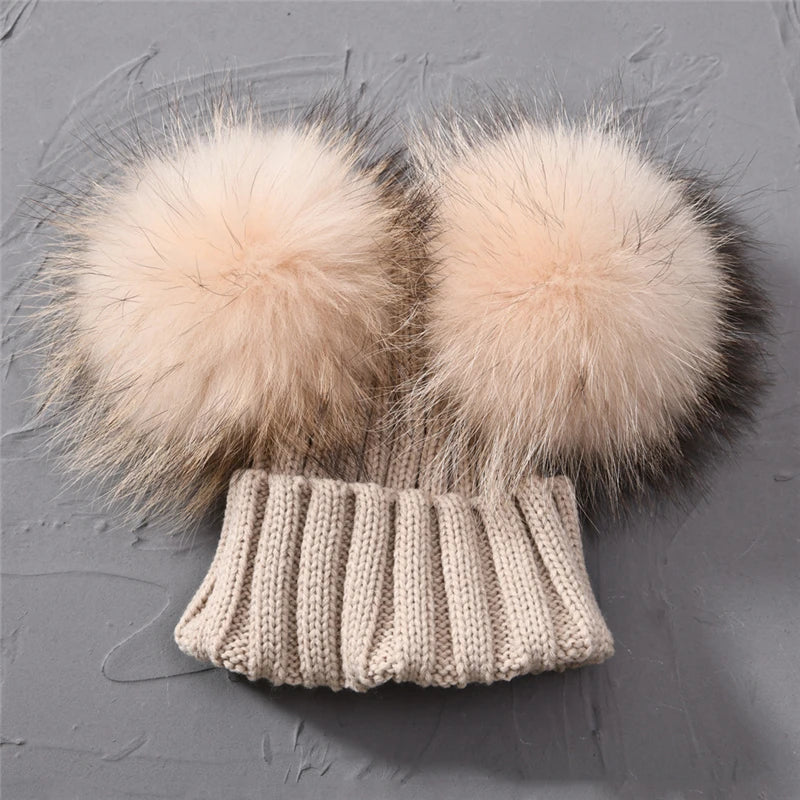 Winter Baby Knit Hat – Double Fur Pom Pom Beanie for Boys & Girls.