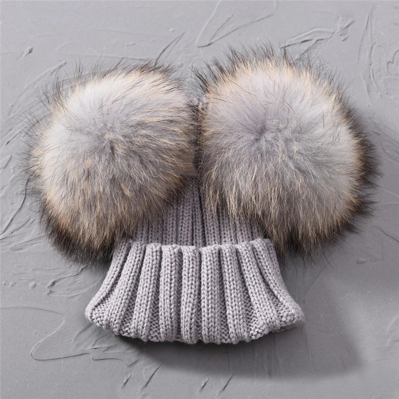 Winter Baby Knit Hat – Double Fur Pom Pom Beanie for Boys & Girls.