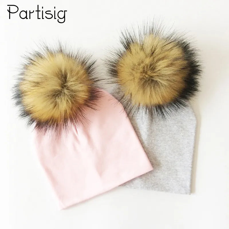 Autumn & Winter Kids Beanie with Faux Raccoon Fur Pom-Pom