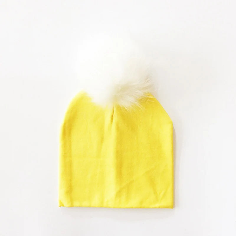 Autumn & Winter Kids Beanie with Faux Raccoon Fur Pom-Pom