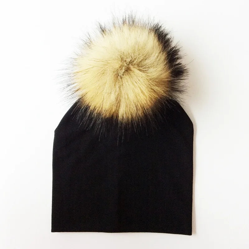 Autumn & Winter Kids Beanie with Faux Raccoon Fur Pom-Pom