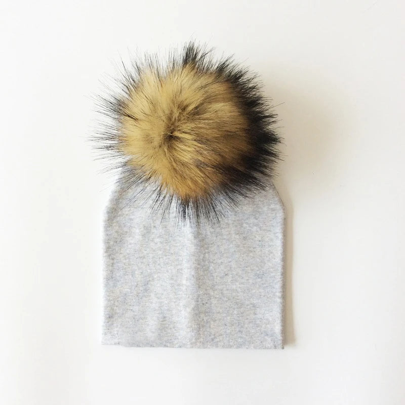 Autumn & Winter Kids Beanie with Faux Raccoon Fur Pom-Pom