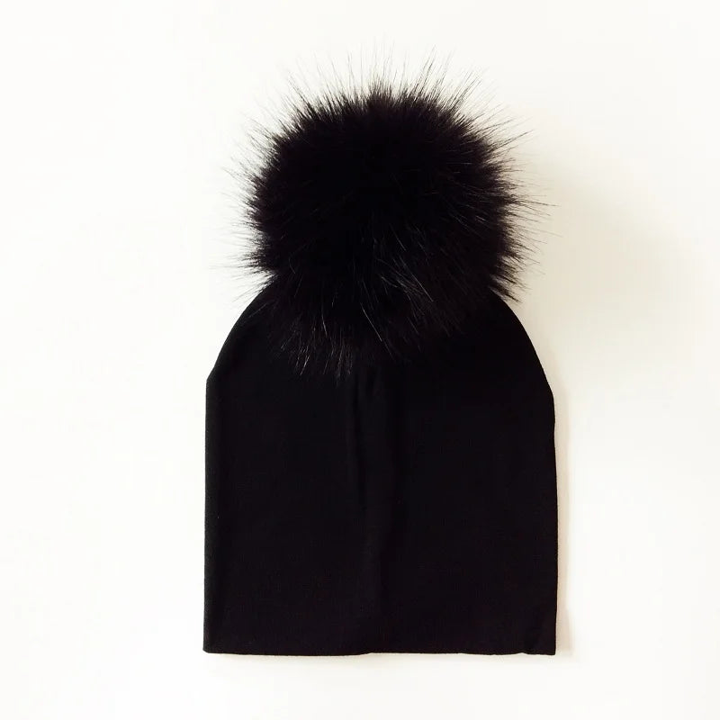 Autumn & Winter Kids Beanie with Faux Raccoon Fur Pom-Pom