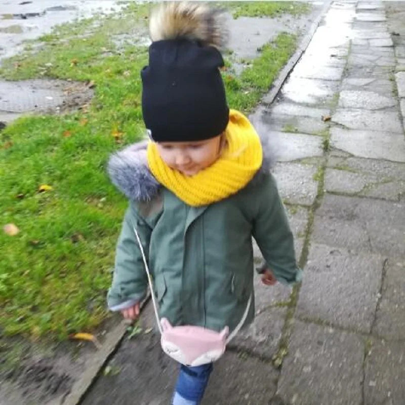 Autumn & Winter Kids Beanie with Faux Raccoon Fur Pom-Pom