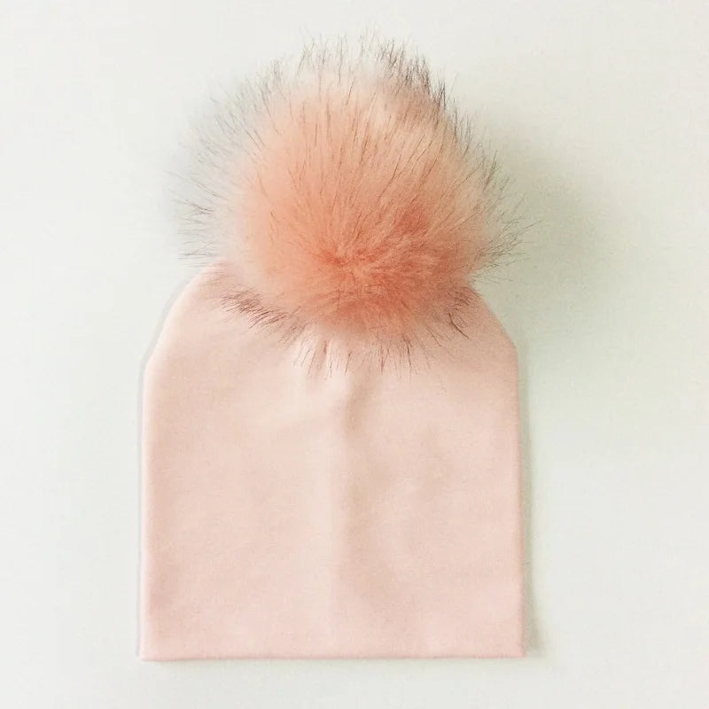 Autumn & Winter Kids Beanie with Faux Raccoon Fur Pom-Pom