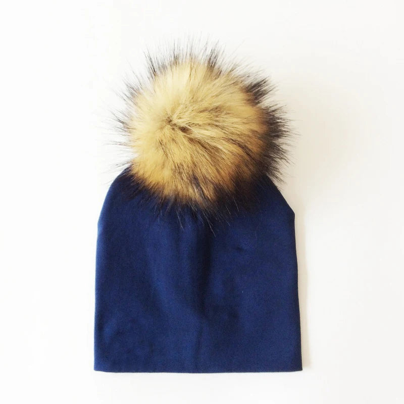 Autumn & Winter Kids Beanie with Faux Raccoon Fur Pom-Pom