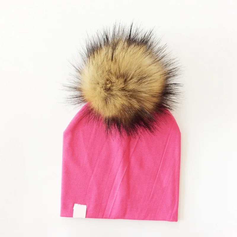 Autumn & Winter Kids Beanie with Faux Raccoon Fur Pom-Pom