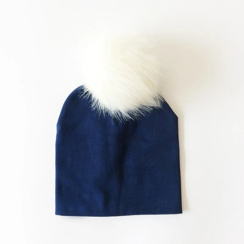 Autumn & Winter Kids Beanie with Faux Raccoon Fur Pom-Pom