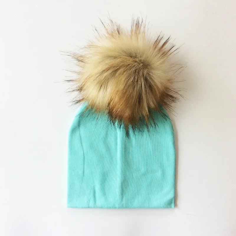 Autumn & Winter Kids Beanie with Faux Raccoon Fur Pom-Pom