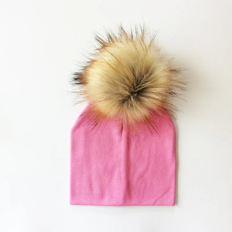 Autumn & Winter Kids Beanie with Faux Raccoon Fur Pom-Pom