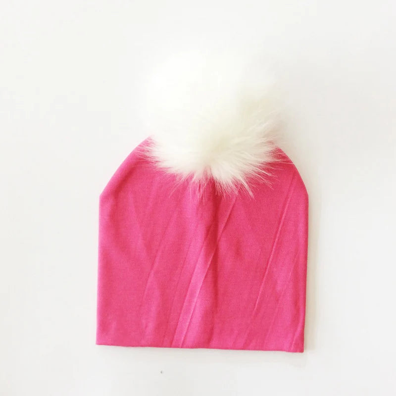 Autumn & Winter Kids Beanie with Faux Raccoon Fur Pom-Pom