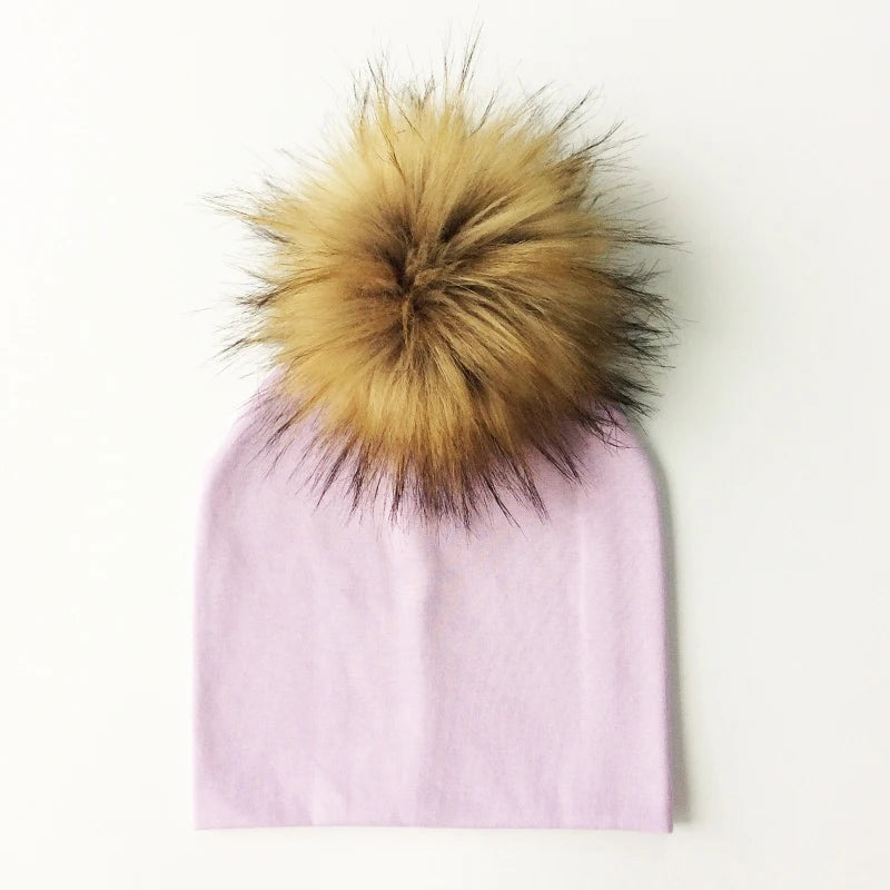 Autumn & Winter Kids Beanie with Faux Raccoon Fur Pom-Pom