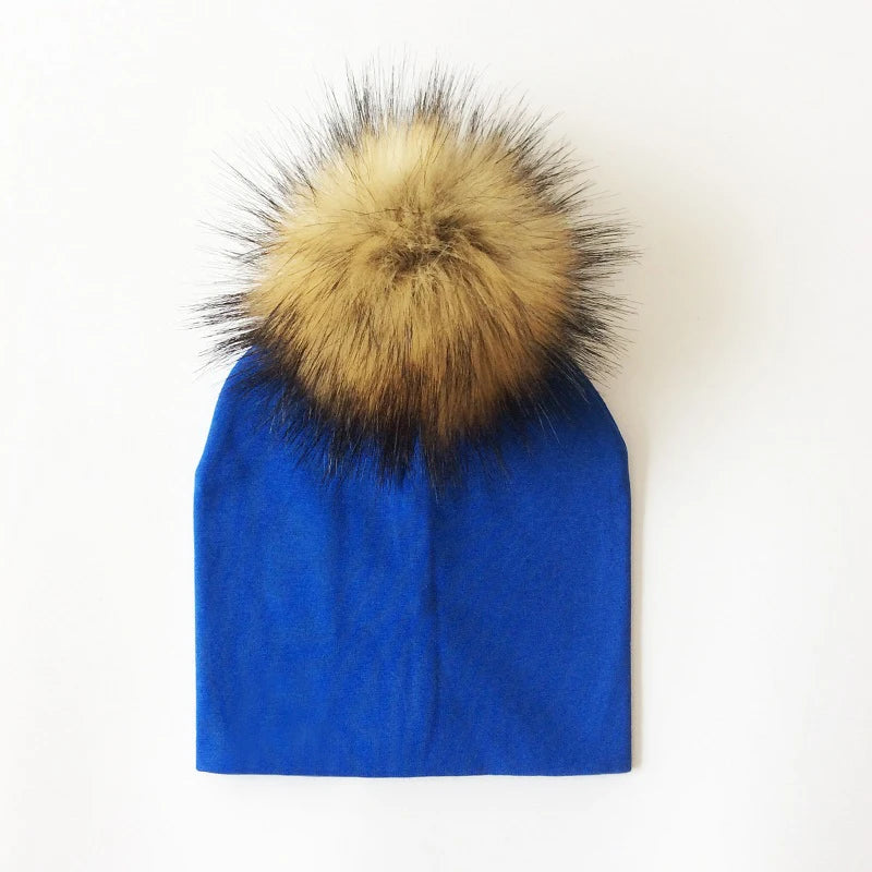 Autumn & Winter Kids Beanie with Faux Raccoon Fur Pom-Pom