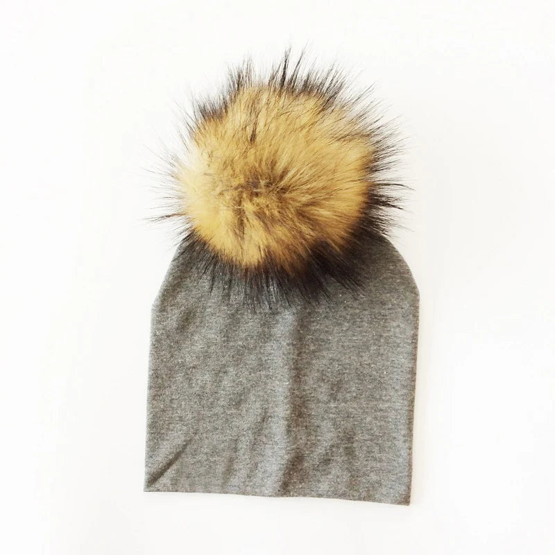 Autumn & Winter Kids Beanie with Faux Raccoon Fur Pom-Pom