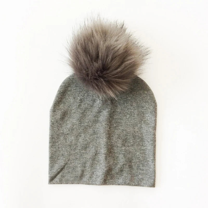 Autumn & Winter Kids Beanie with Faux Raccoon Fur Pom-Pom