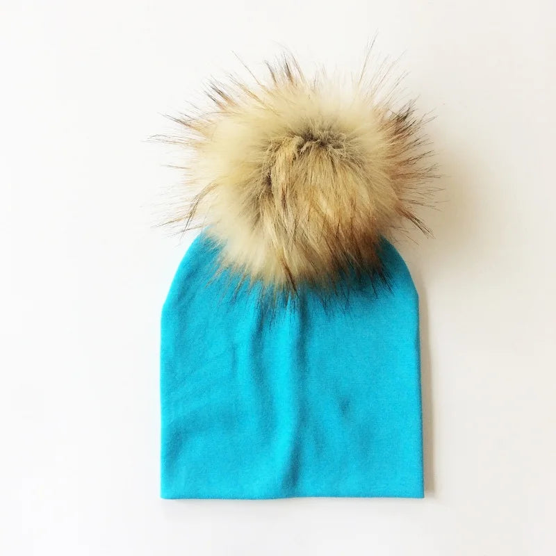 Autumn & Winter Kids Beanie with Faux Raccoon Fur Pom-Pom