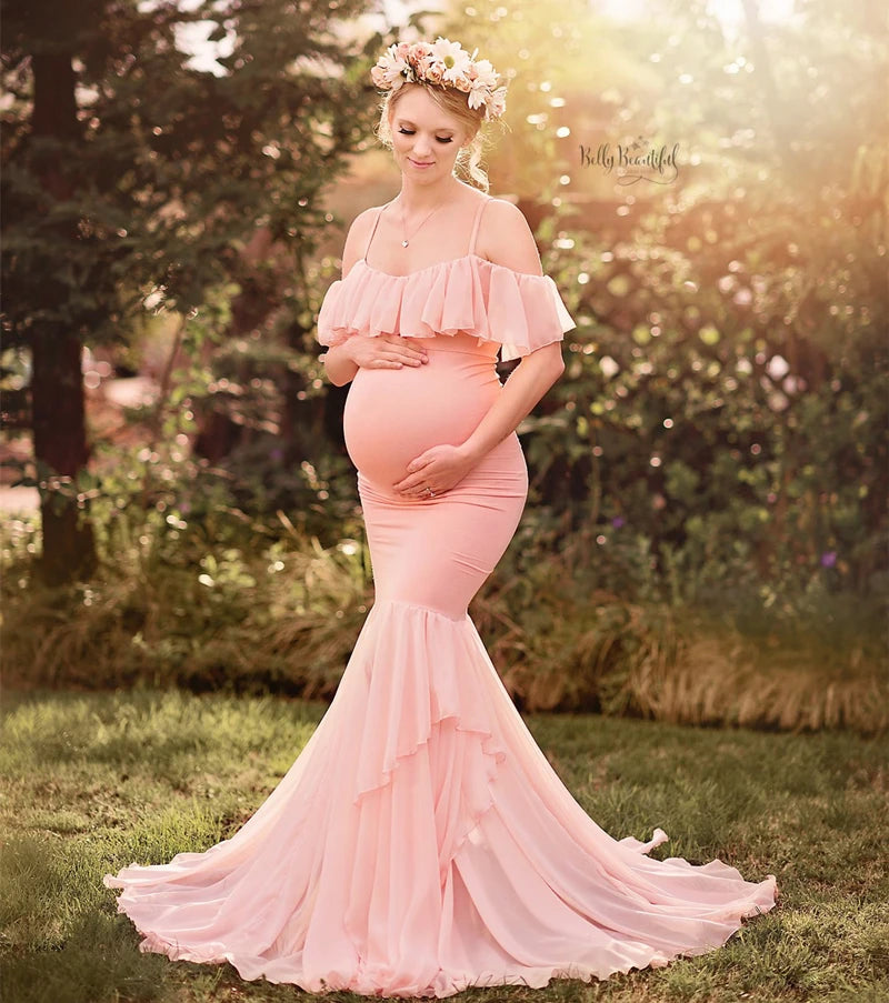 Mermaid Maternity Photo Shoot Dress - Off Shoulder Maxi Gown