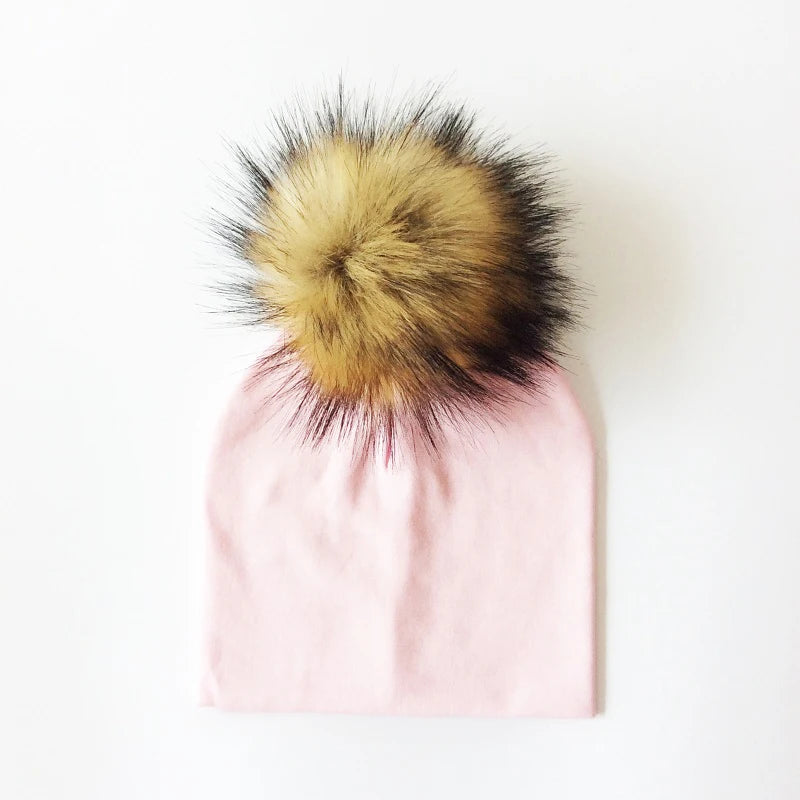 Autumn & Winter Kids Beanie with Faux Raccoon Fur Pom-Pom