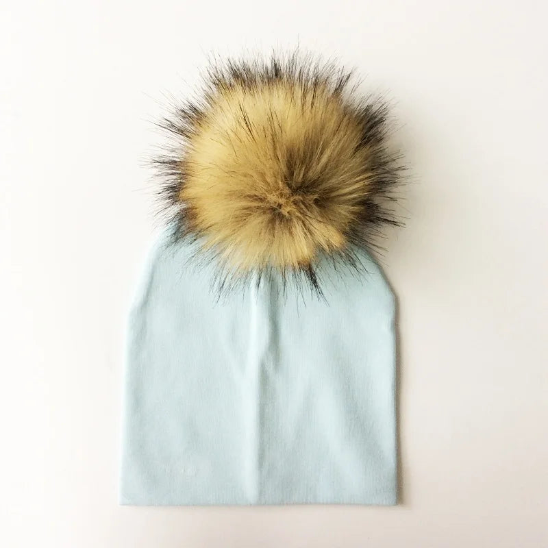 Autumn & Winter Kids Beanie with Faux Raccoon Fur Pom-Pom