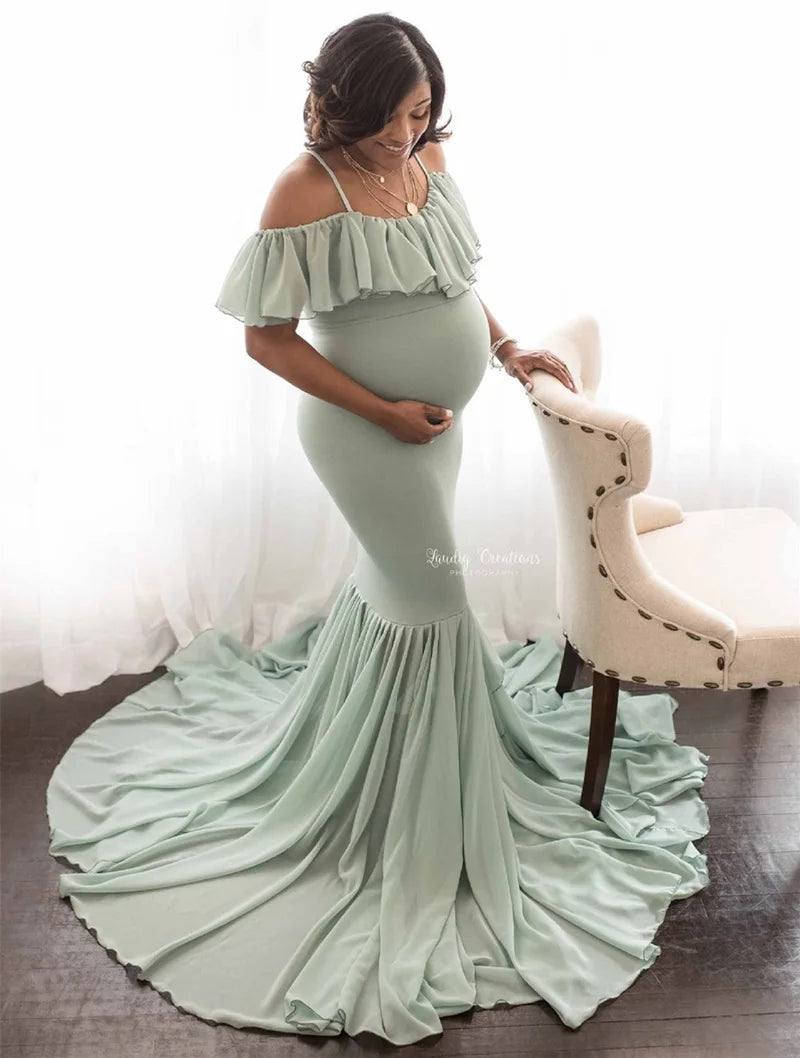 Mermaid Maternity Photo Shoot Dress - Off Shoulder Maxi Gown