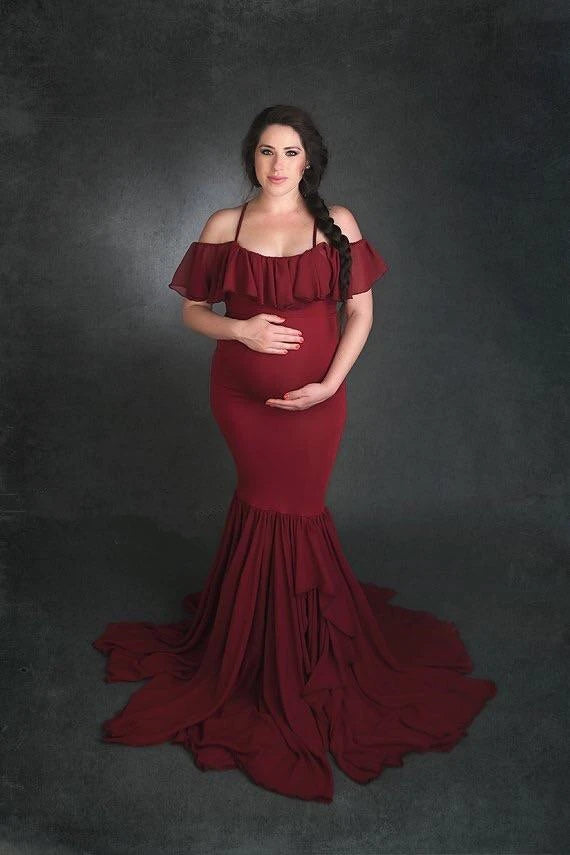 Mermaid Maternity Photo Shoot Dress - Off Shoulder Maxi Gown