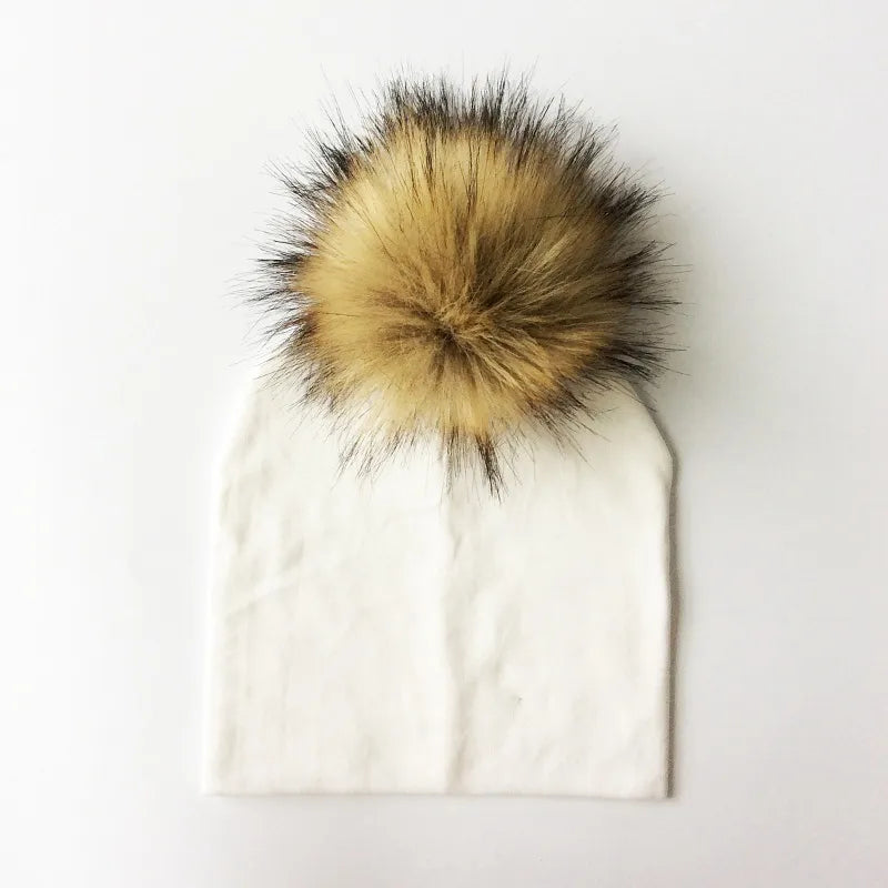 Autumn & Winter Kids Beanie with Faux Raccoon Fur Pom-Pom