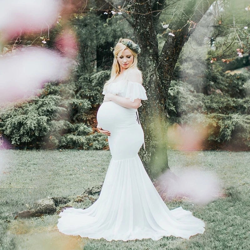 Mermaid Maternity Photo Shoot Dress - Off Shoulder Maxi Gown