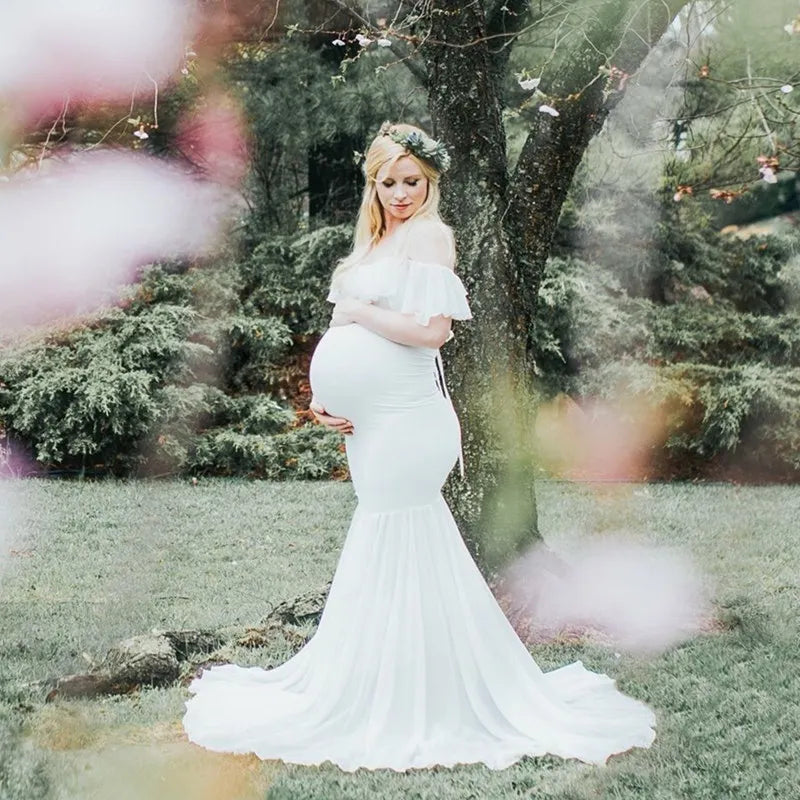 Mermaid Maternity Photo Shoot Dress - Off Shoulder Maxi Gown