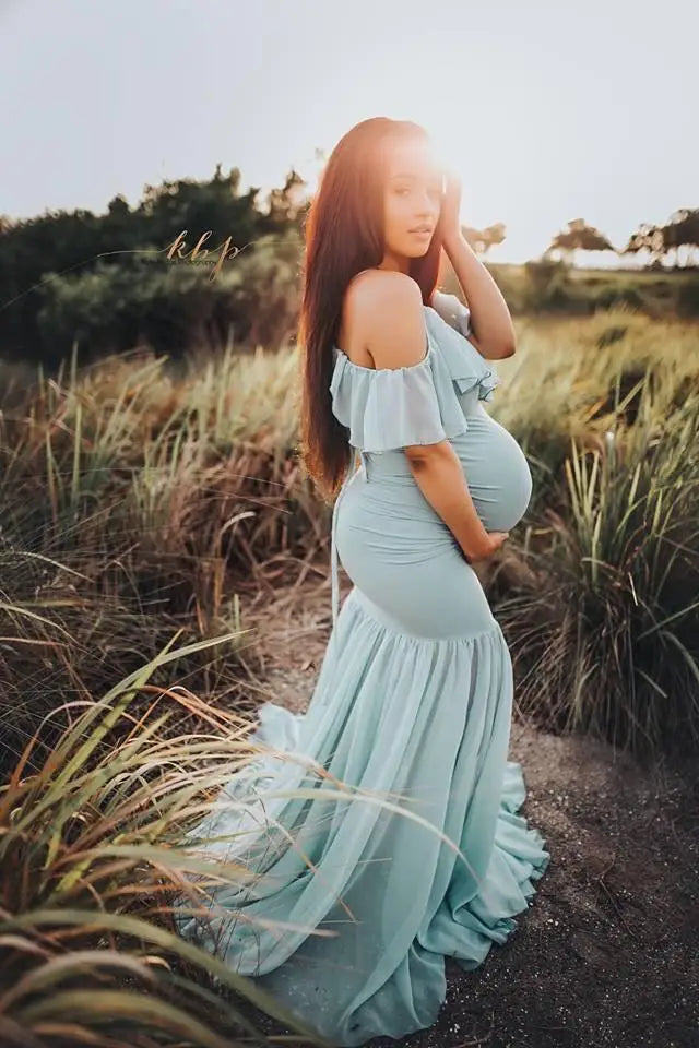 Mermaid Maternity Photo Shoot Dress - Off Shoulder Maxi Gown