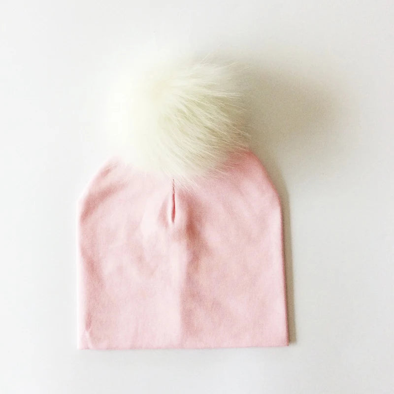 Autumn & Winter Kids Beanie with Faux Raccoon Fur Pom-Pom