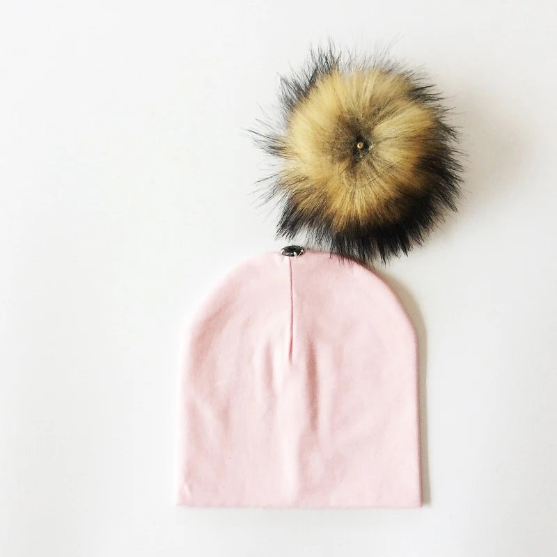 Autumn & Winter Kids Beanie with Faux Raccoon Fur Pom-Pom