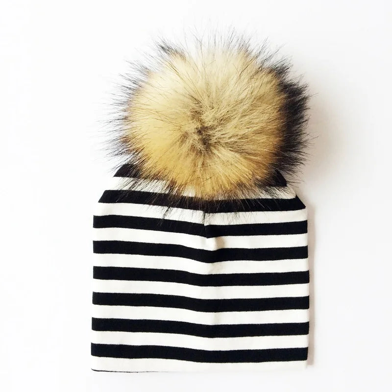 Autumn & Winter Kids Beanie with Faux Raccoon Fur Pom-Pom