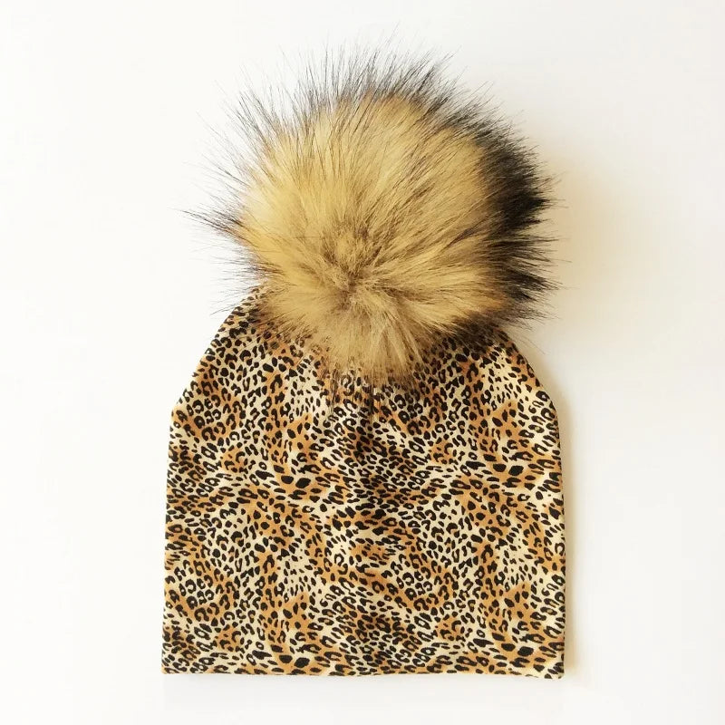 Autumn & Winter Kids Beanie with Faux Raccoon Fur Pom-Pom