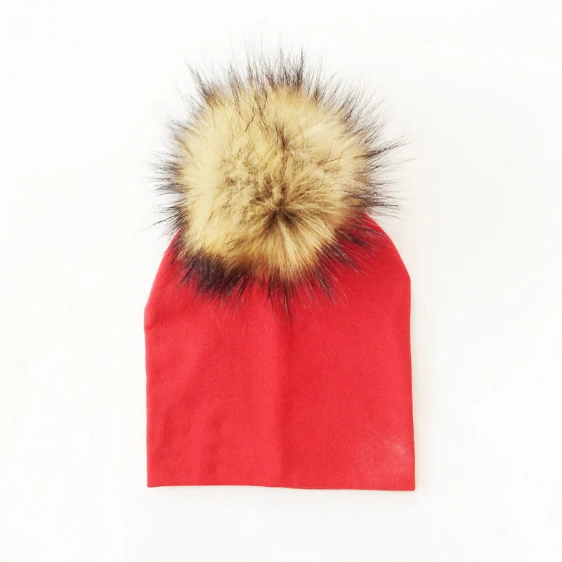 Autumn & Winter Kids Beanie with Faux Raccoon Fur Pom-Pom