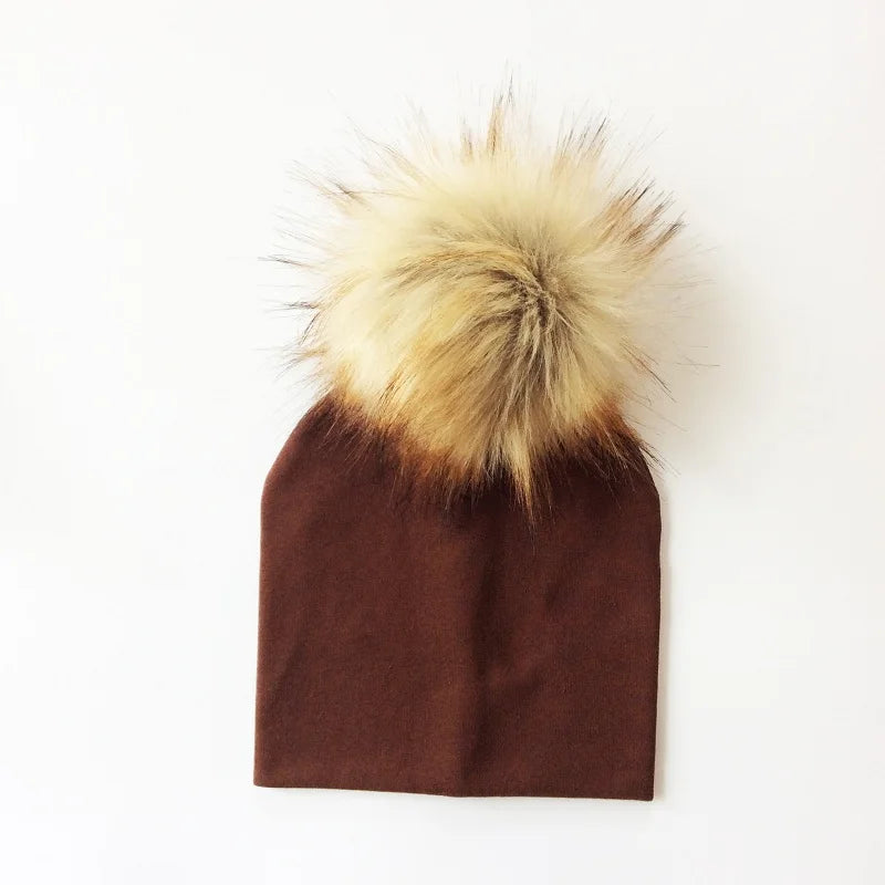 Autumn & Winter Kids Beanie with Faux Raccoon Fur Pom-Pom