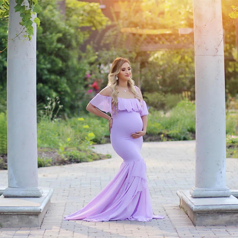 Mermaid Maternity Photo Shoot Dress - Off Shoulder Maxi Gown