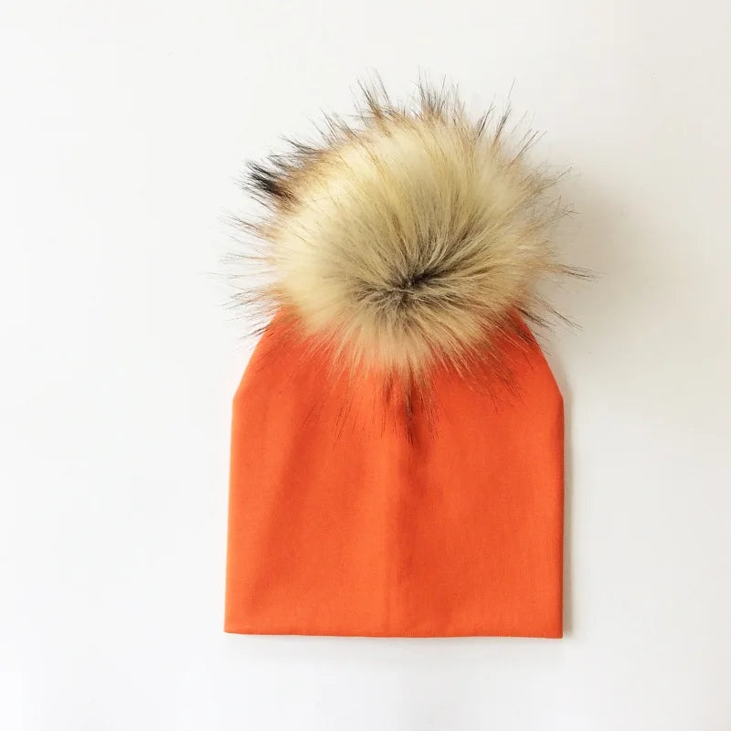 Autumn & Winter Kids Beanie with Faux Raccoon Fur Pom-Pom