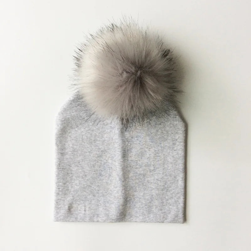 Autumn & Winter Kids Beanie with Faux Raccoon Fur Pom-Pom