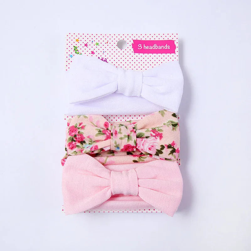 3 Pcs/Set Floral & Dot Bow Baby Headbands – Cotton Hair Accessories for Newborns